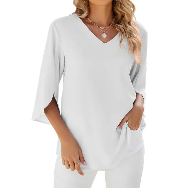 Lightweight V-Neck Women's Blouse, Relaxed Fit Casual Summer Top in Breathable Polyester-2