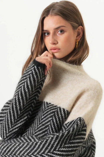 Women’s Warm Herringbone Knit Sweater - Stand Collar, Casual