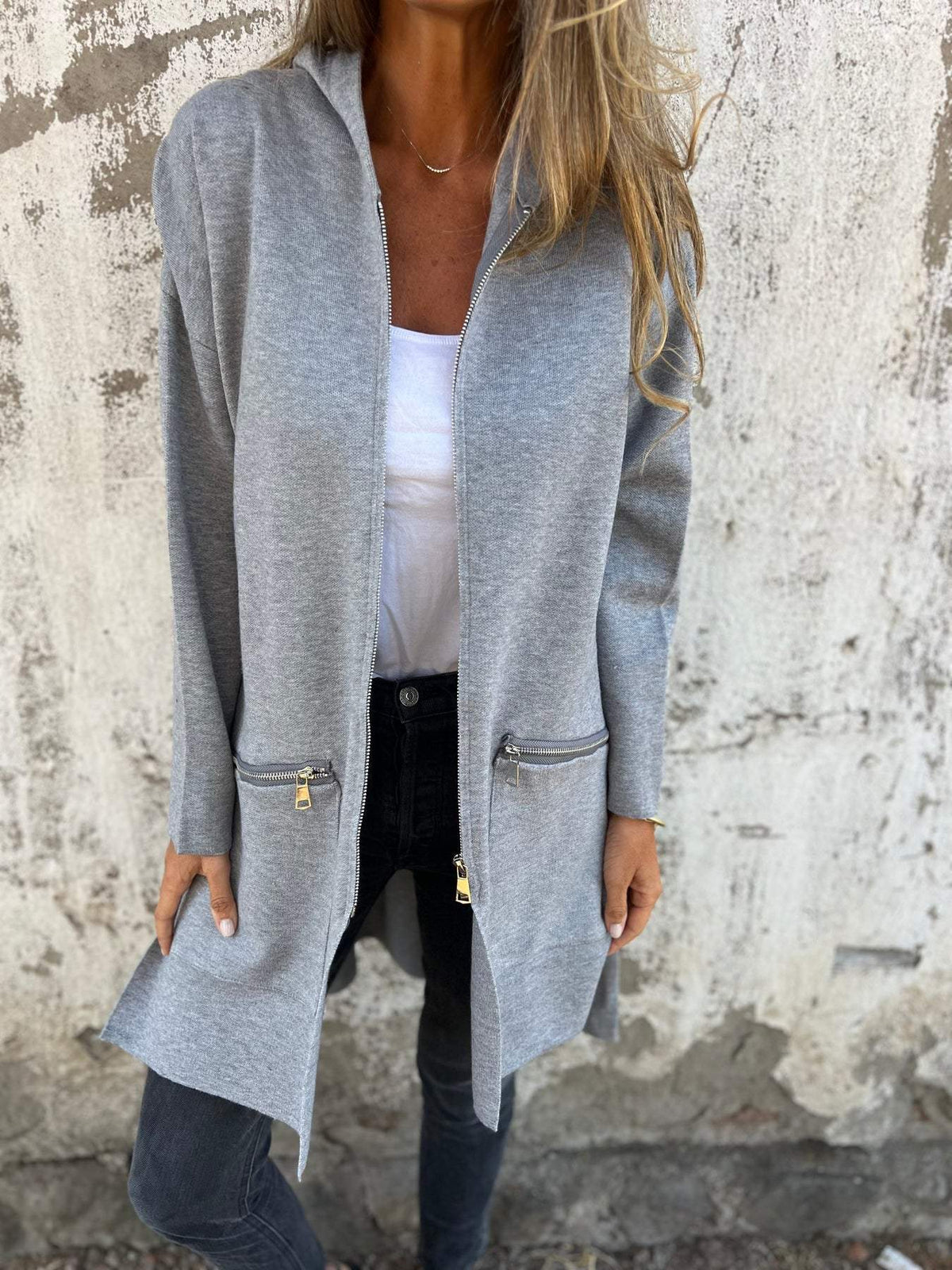 Light Womens Long Hoodie - Fitted Zip Cotton Layering