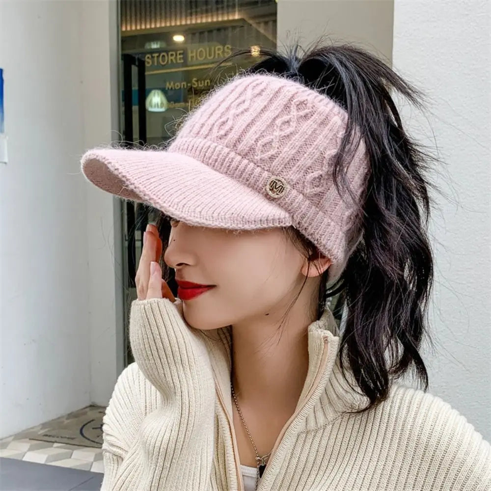 Women's Warm Knitted Baseball Cap - Cable Knit, Winter