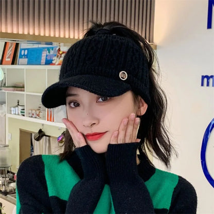 Women's Warm Knitted Baseball Cap - Cable Knit, Winter