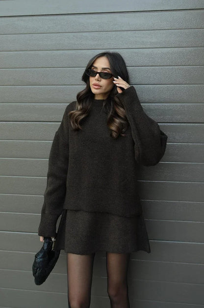 Plush Flattering Women’s Sweater Skirt Kit - Pullover Crewneck, Knit High-Waist A-Line Mini Skirt For Fall