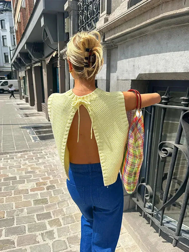 Variant image for Boxy Knit Women's Top in Soft Yellow - Comfortable Going Out Top for Summer Events-1