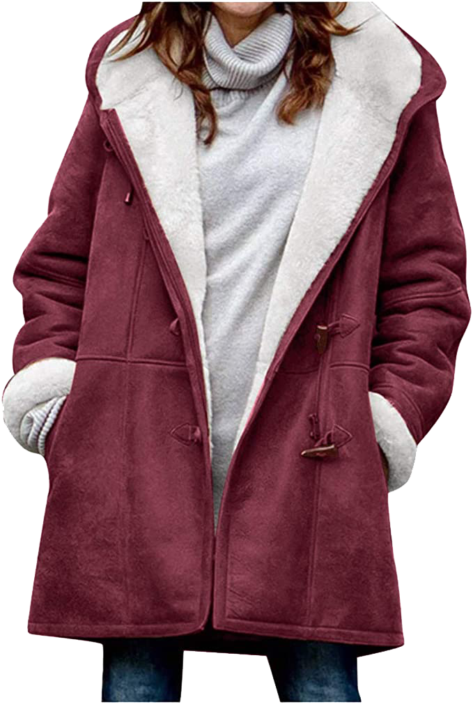 Womens Warm Winter Jacket - Hooded Mid-Thigh, Suede