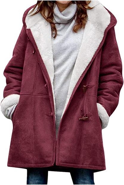 Womens Warm Winter Jacket - Hooded Mid-Thigh, Suede
