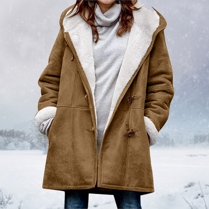 Womens Warm Winter Jacket - Hooded Mid-Thigh, Suede