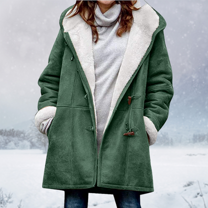 Womens Warm Winter Jacket - Hooded Mid-Thigh, Suede