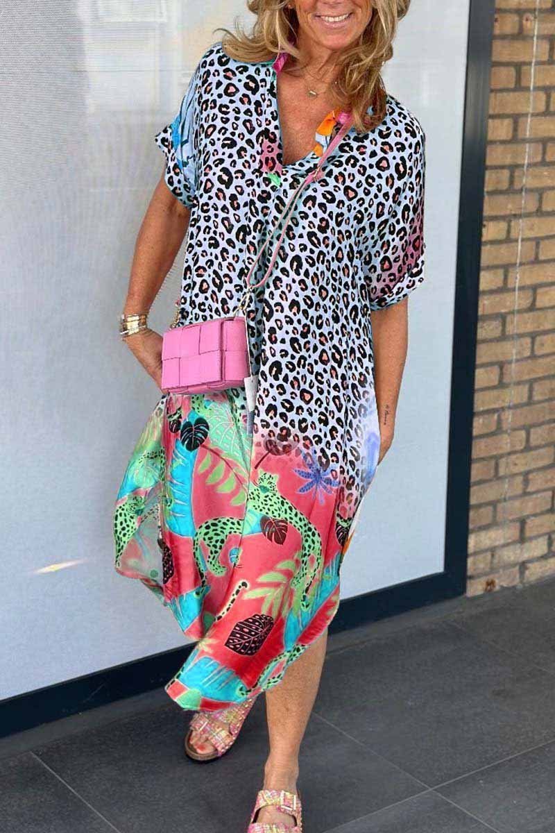 Plus Size Women's Leopard Pattern Short Sleeve Dress for Casual and Semi-Formal Occasions-4