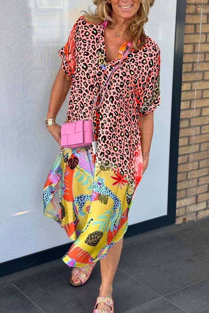 Variant image for Plus Size Women's Leopard Pattern Short Sleeve Dress for Casual and Semi-Formal Occasions-33