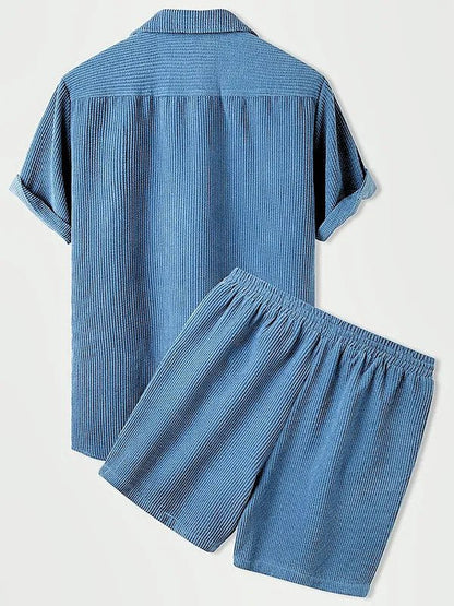Luxury Velvet Men's Set - Short Sleeve Shirt and Matching Shorts in Elegant Ribbed Design-4