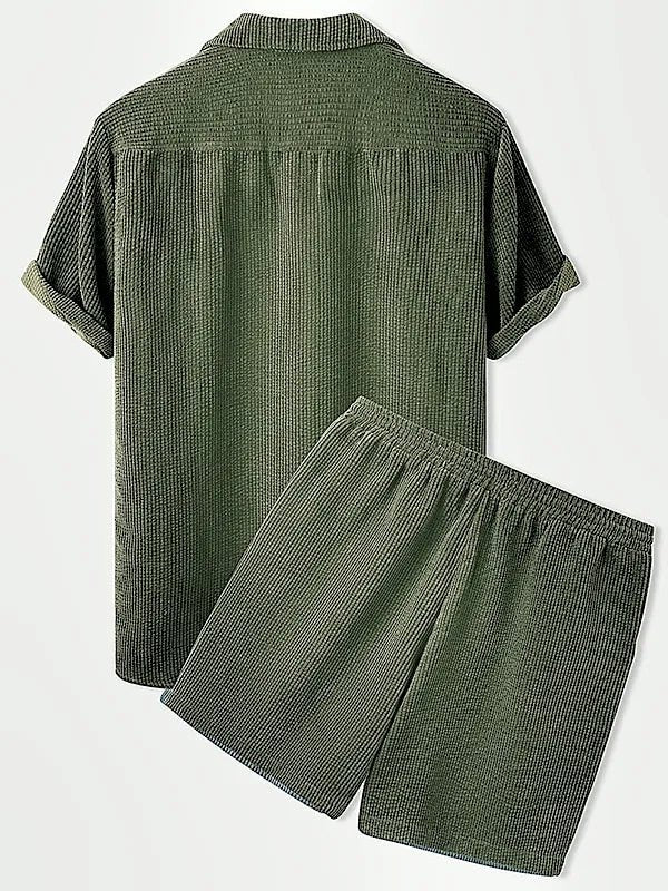 Luxury Velvet Men's Set - Short Sleeve Shirt and Matching Shorts in Elegant Ribbed Design-6