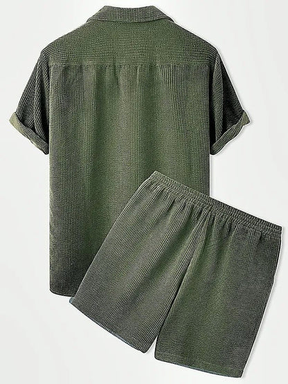 Luxury Velvet Men's Set - Short Sleeve Shirt and Matching Shorts in Elegant Ribbed Design-6