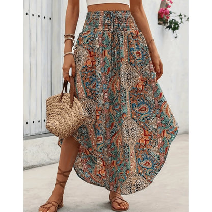 Bohemian Multicolored Maxi Skirt for Women, Paisley Print, Elastic Waistband, Flowy Long Skirt, Comfortable Summer Wear-1