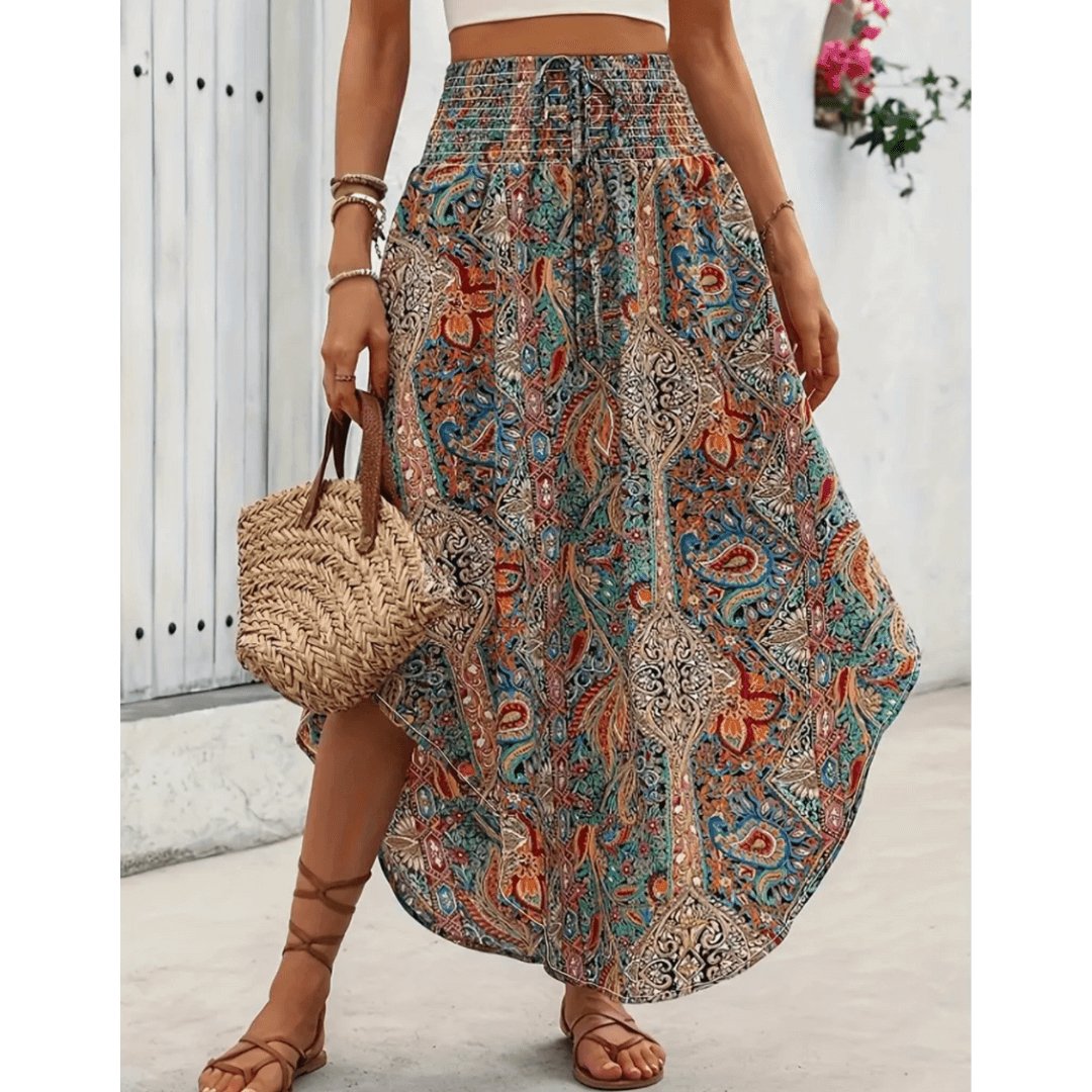 Variant image for Bohemian Multicolored Maxi Skirt for Women, Paisley Print, Elastic Waistband, Flowy Long Skirt, Comfortable Summer Wear-1