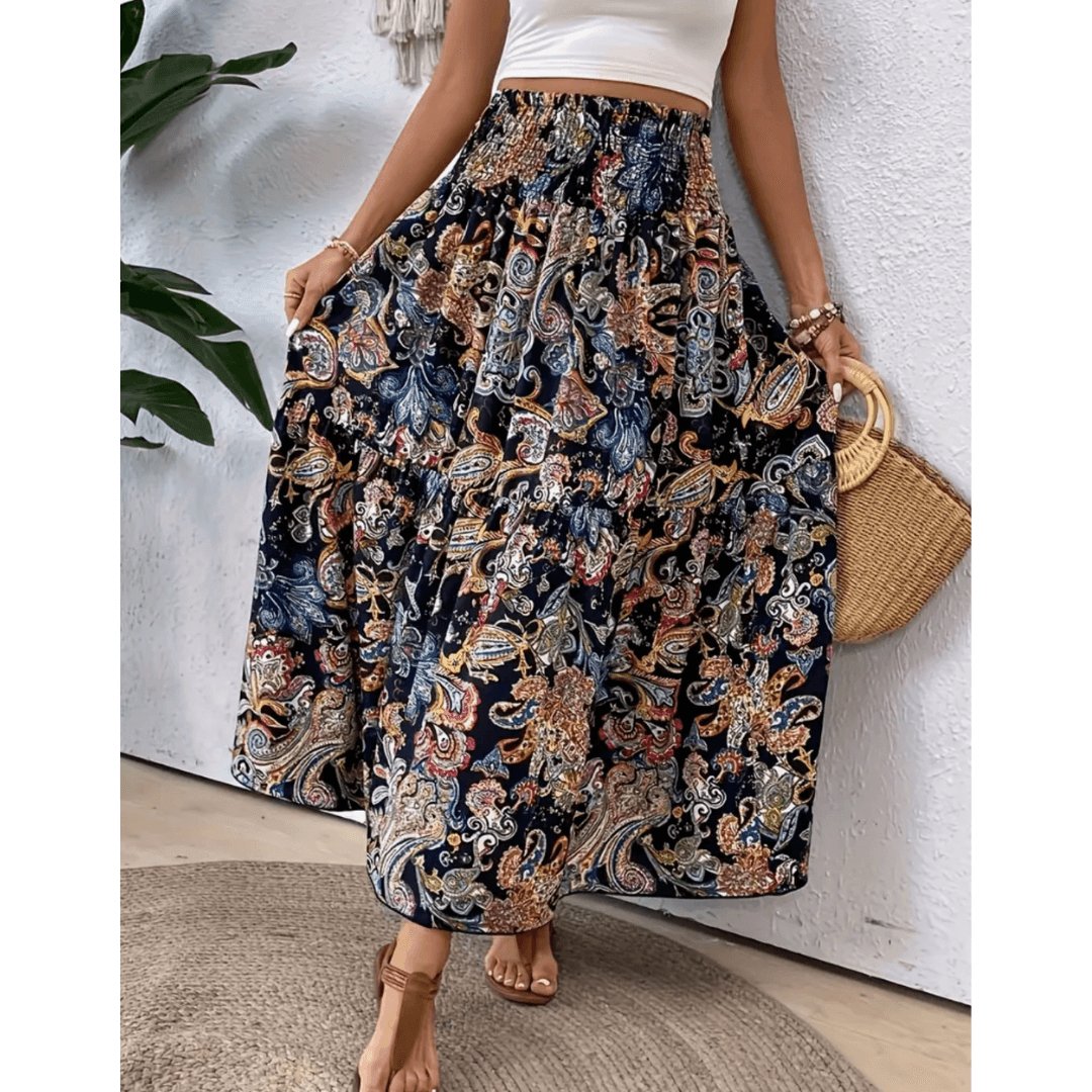 Bohemian Multicolored Maxi Skirt for Women, Paisley Print, Elastic Waistband, Flowy Long Skirt, Comfortable Summer Wear-3