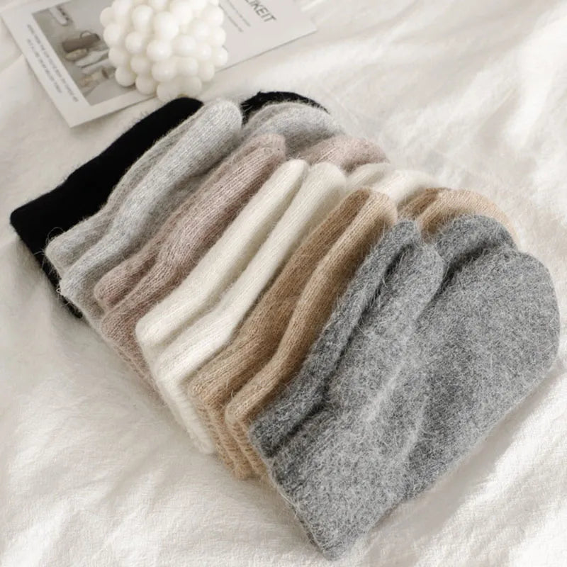 Women Warm Mittens - Ribbed Cuff Plush Faux Fur, Winter