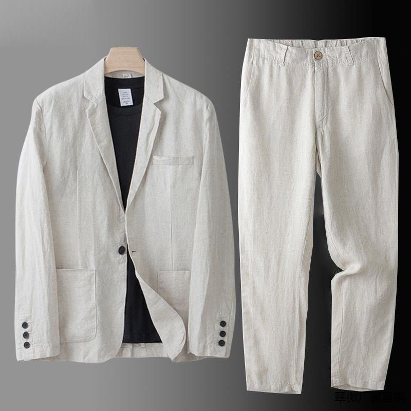 Men's Linen Suit - Slim Fit 100% Breathable Linen Summer Shirt and Pants Set in Beige, Light Gray, Dark Blue-2