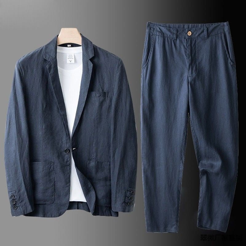 Men's Linen Suit - Slim Fit 100% Breathable Linen Summer Shirt and Pants Set in Beige, Light Gray, Dark Blue-1