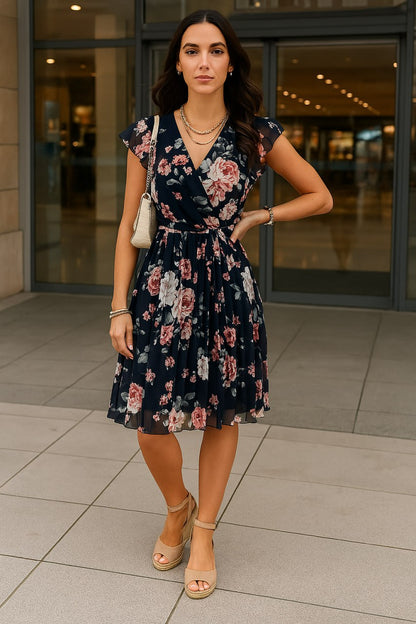 Elegant Floral Wrap Dress for Women - Lightweight Summer Wedding Guest Dress, Knee-Length Cocktail Dress-1