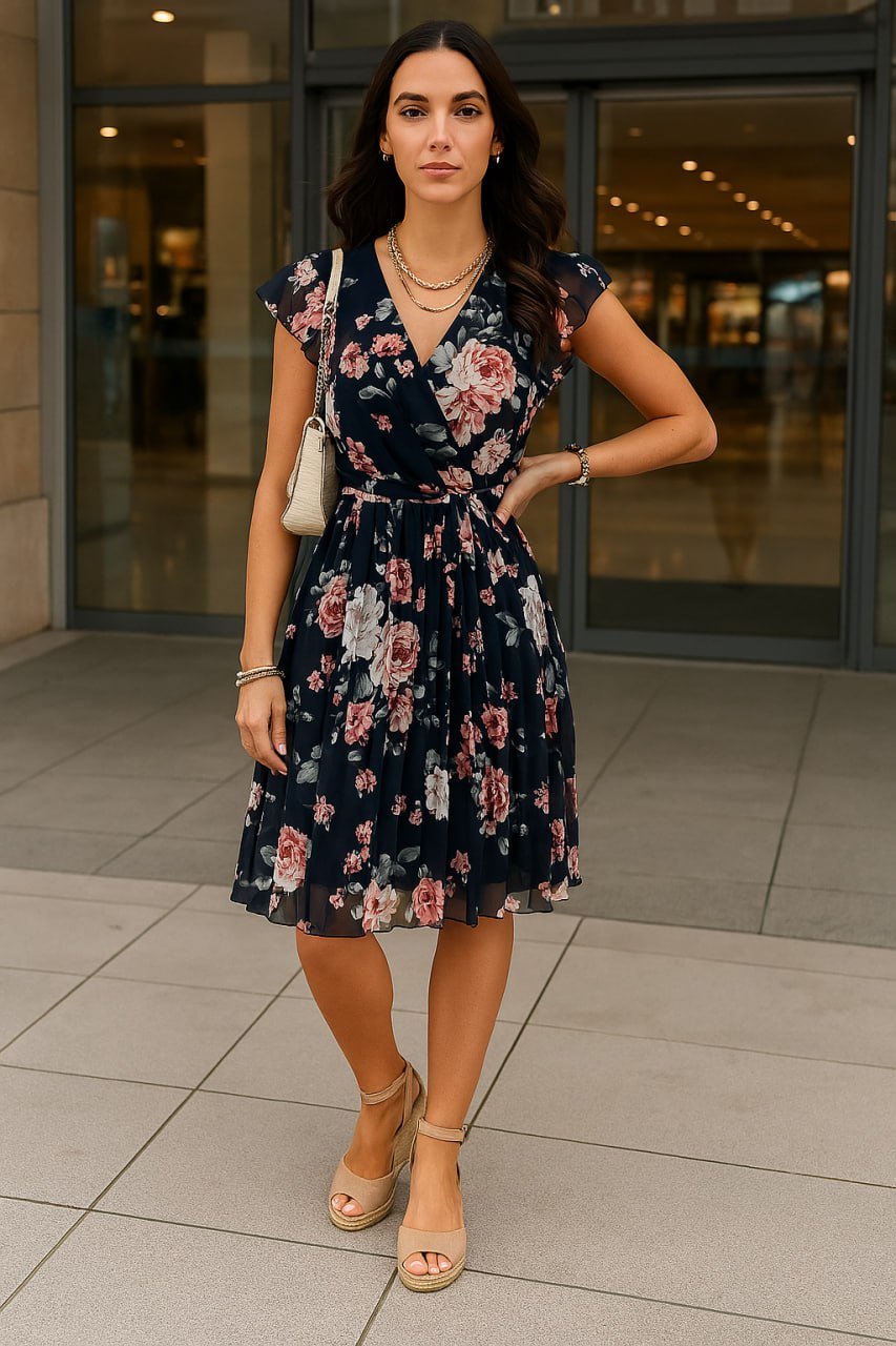 Variant image for Elegant Floral Wrap Dress for Women - Lightweight Summer Wedding Guest Dress, Knee-Length Cocktail Dress-1