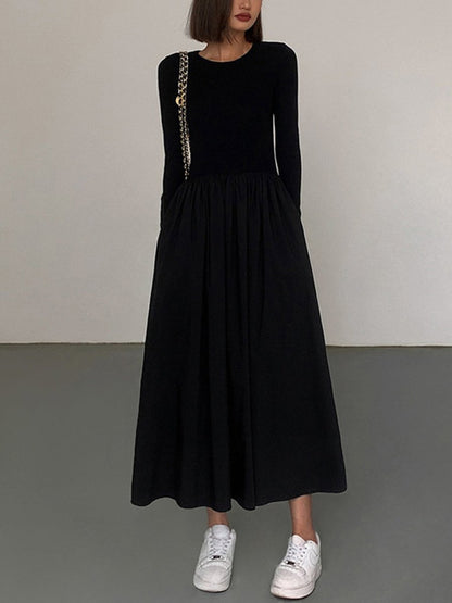 Long Sleeve Women's Dress with Pockets, Elegant Knee-Length Formal Dress for Work and Casual Events-1
