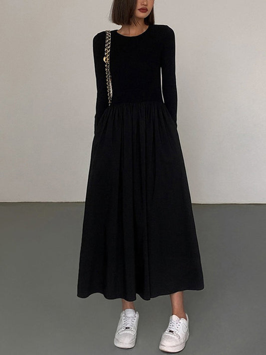 Long Sleeve Women's Dress with Pockets, Elegant Knee-Length Formal Dress for Work and Casual Events-1