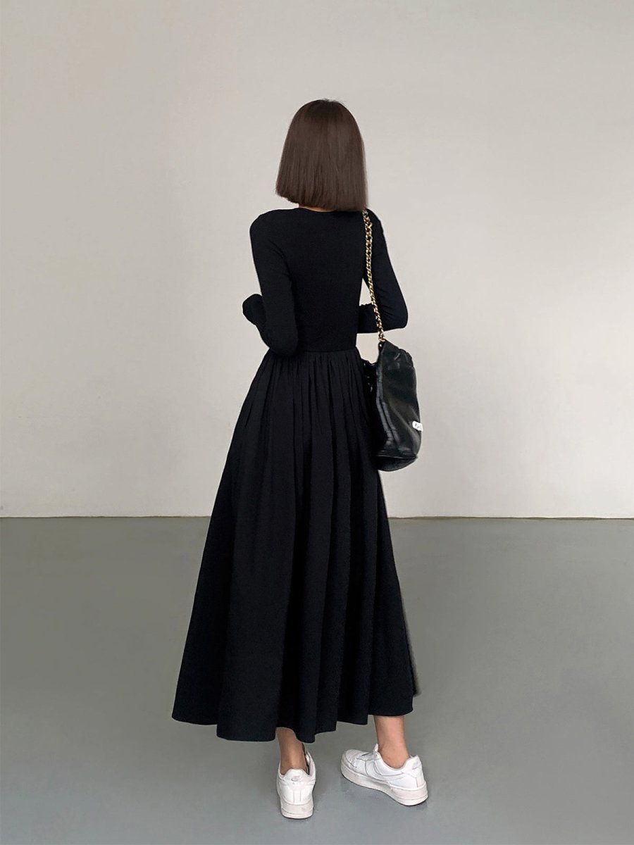 Long Sleeve Women's Dress with Pockets, Elegant Knee-Length Formal Dress for Work and Casual Events-3