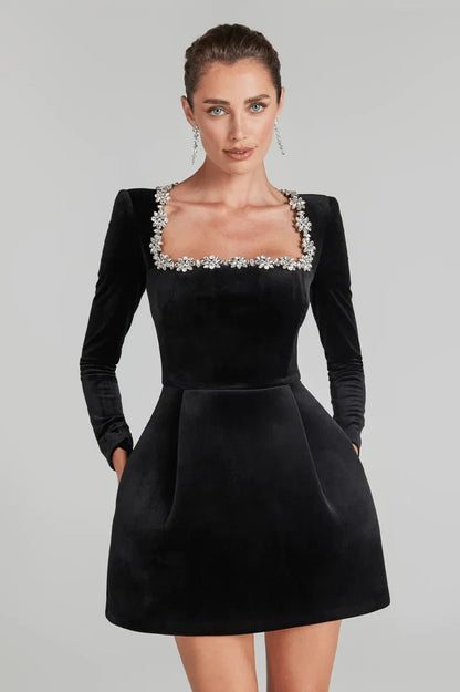 Square Neck With Floral Rhinestones, Velvet, For Holiday Parties – Fitted and Flattering Women's A-Line Dress