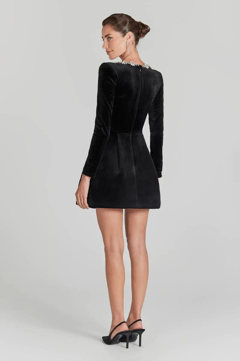 Square Neck With Floral Rhinestones, Velvet, For Holiday Parties – Fitted and Flattering Women's A-Line Dress