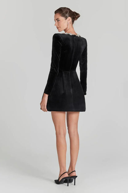 Square Neck With Floral Rhinestones, Velvet, For Holiday Parties – Fitted and Flattering Women's A-Line Dress