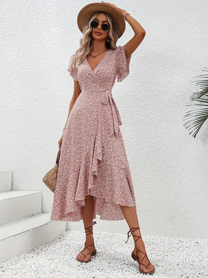 Elegant Womens Dress with Flutter Sleeves and Wrap Detail - Perfect for Wedding Guests and Summer Events-1