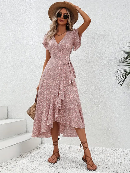 Elegant Womens Dress with Flutter Sleeves and Wrap Detail - Perfect for Wedding Guests and Summer Events-1