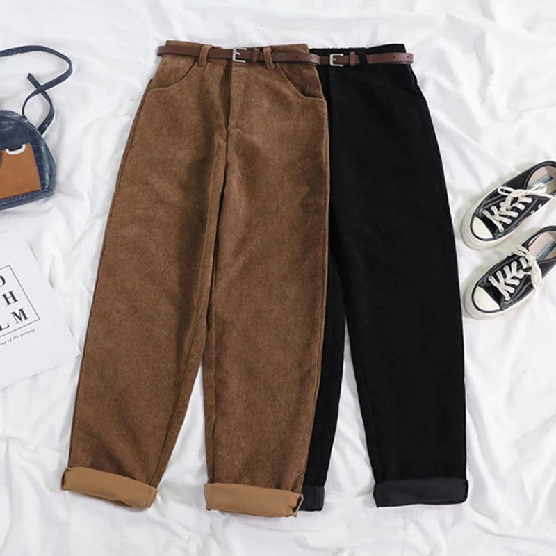 High Waist Corduroy Pants for Women, Wide Leg Cotton Trousers in Black and Coffee, Comfortable Casual Style-4