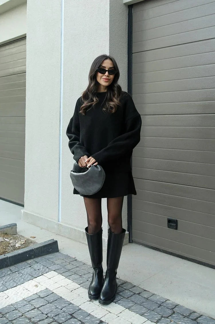 Plush Flattering Women’s Sweater Skirt Kit - Pullover Crewneck, Knit High-Waist A-Line Mini Skirt For Fall