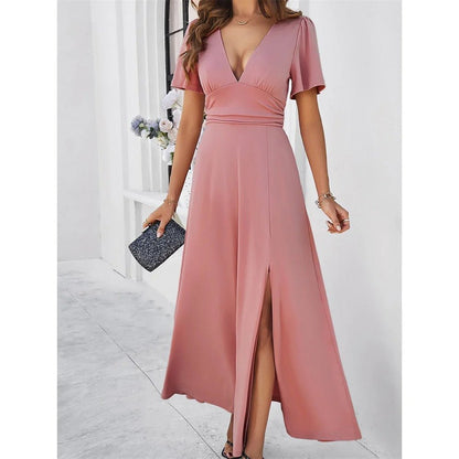 V-Neck Slim White Dress for Women with High Slit, Short Sleeves, Perfect for Summer and Elegant Evenings-5