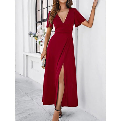 V-Neck Slim White Dress for Women with High Slit, Short Sleeves, Perfect for Summer and Elegant Evenings-1