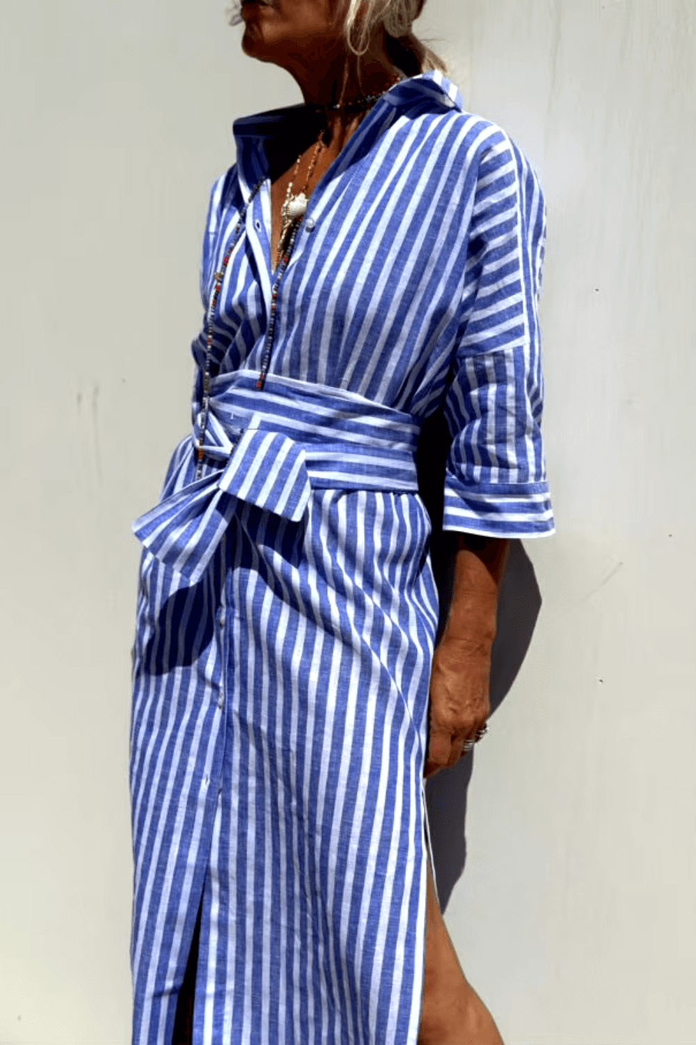 Elegant Women's Blouse Dress in Lightweight Breathable Fabric, Versatile Styling with Classic Button Strip, Available in Pink and Beige-5