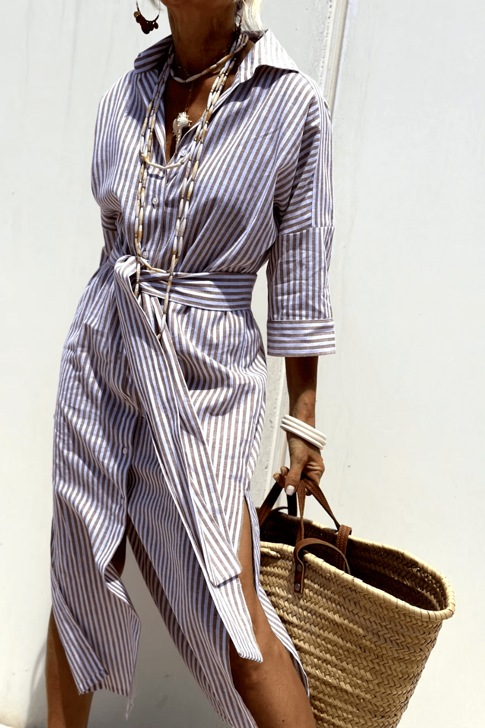 Elegant Women's Blouse Dress in Lightweight Breathable Fabric, Versatile Styling with Classic Button Strip, Available in Pink and Beige-1