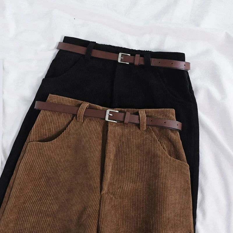 High Waist Corduroy Pants for Women, Wide Leg Cotton Trousers in Black and Coffee, Comfortable Casual Style-3